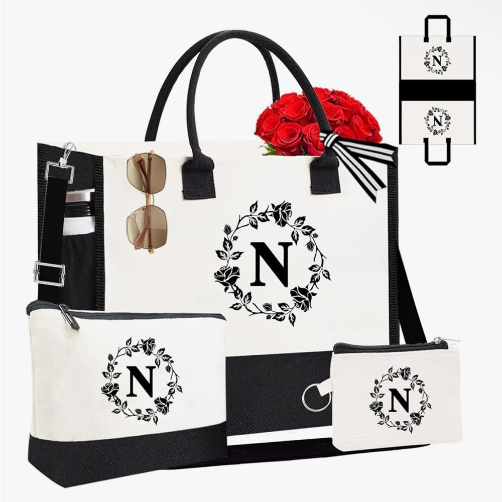 Embroidery Monogram Personalized Initial Canvas Tote Bags - N